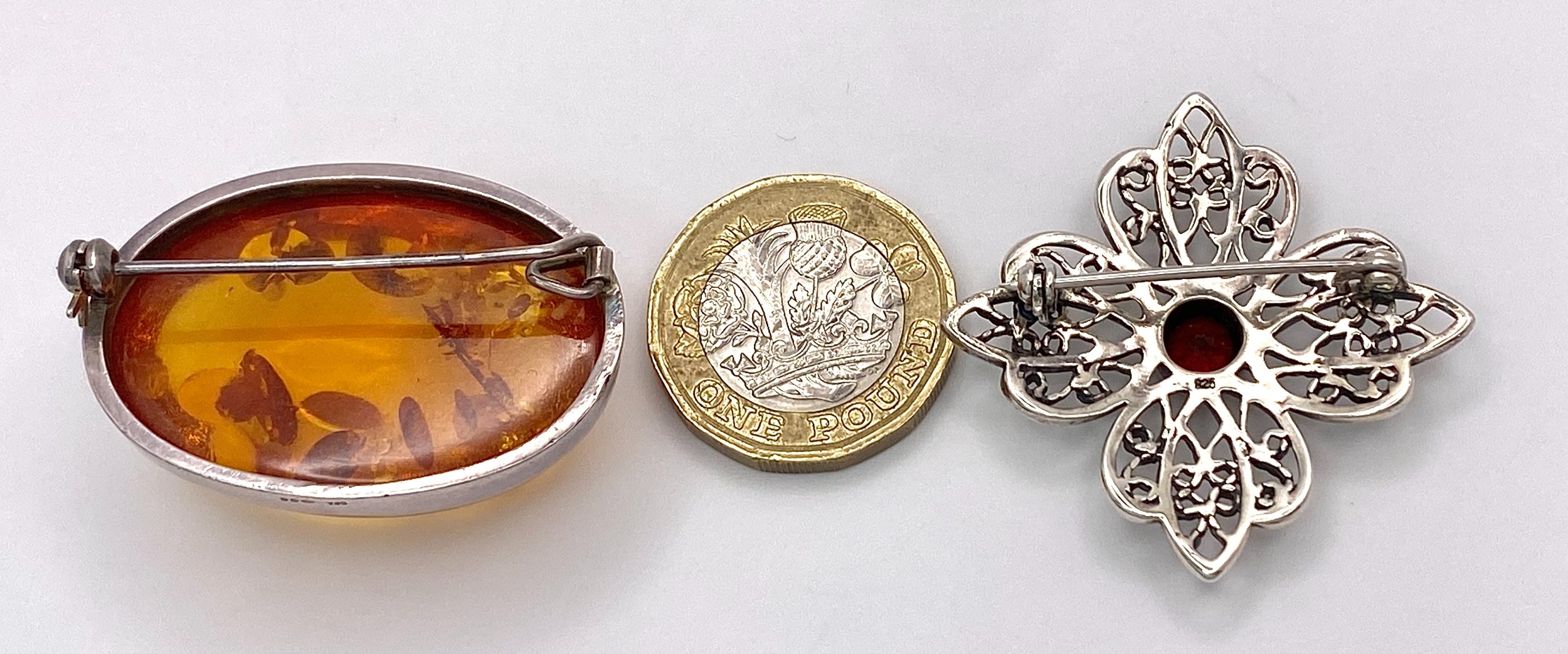 Two Different Style Silver Brooches. Amber and Garnet. Both 3.5cm. Ref: 66001R. - Image 2 of 4