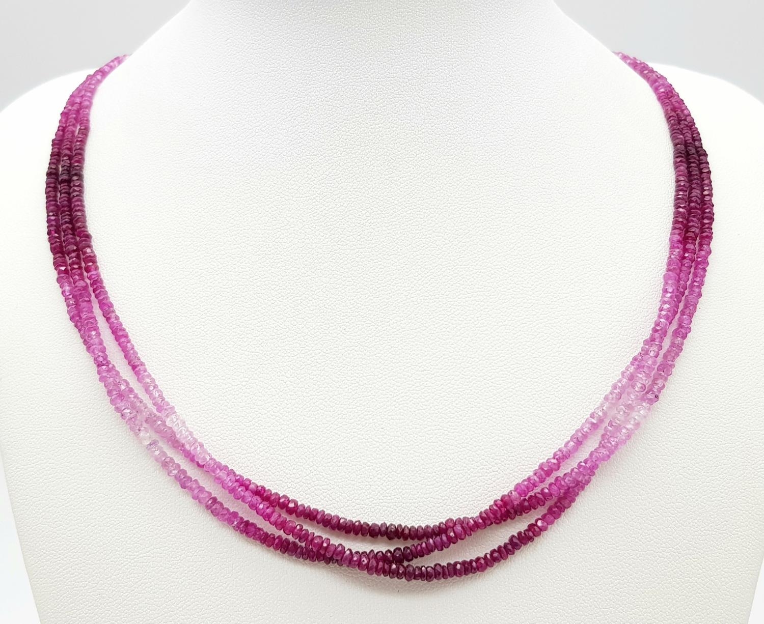 A RUBY 3 STRAND NECKLACE 17.5G , 46.5cm length. M 51 - 4