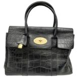 A Mulberry Bayswater Handbag. Black Croc Embossed Leather exterior, gold-tone hardware, a clochette,
