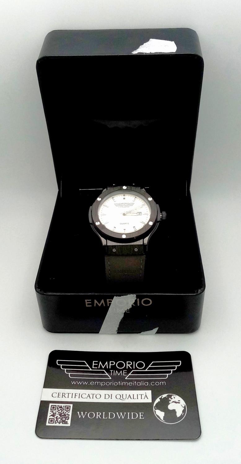 An Emporio Limited Edition Quartz Gents Watch. Grey leather strap. Stainless steel and ceramic - Image 6 of 6