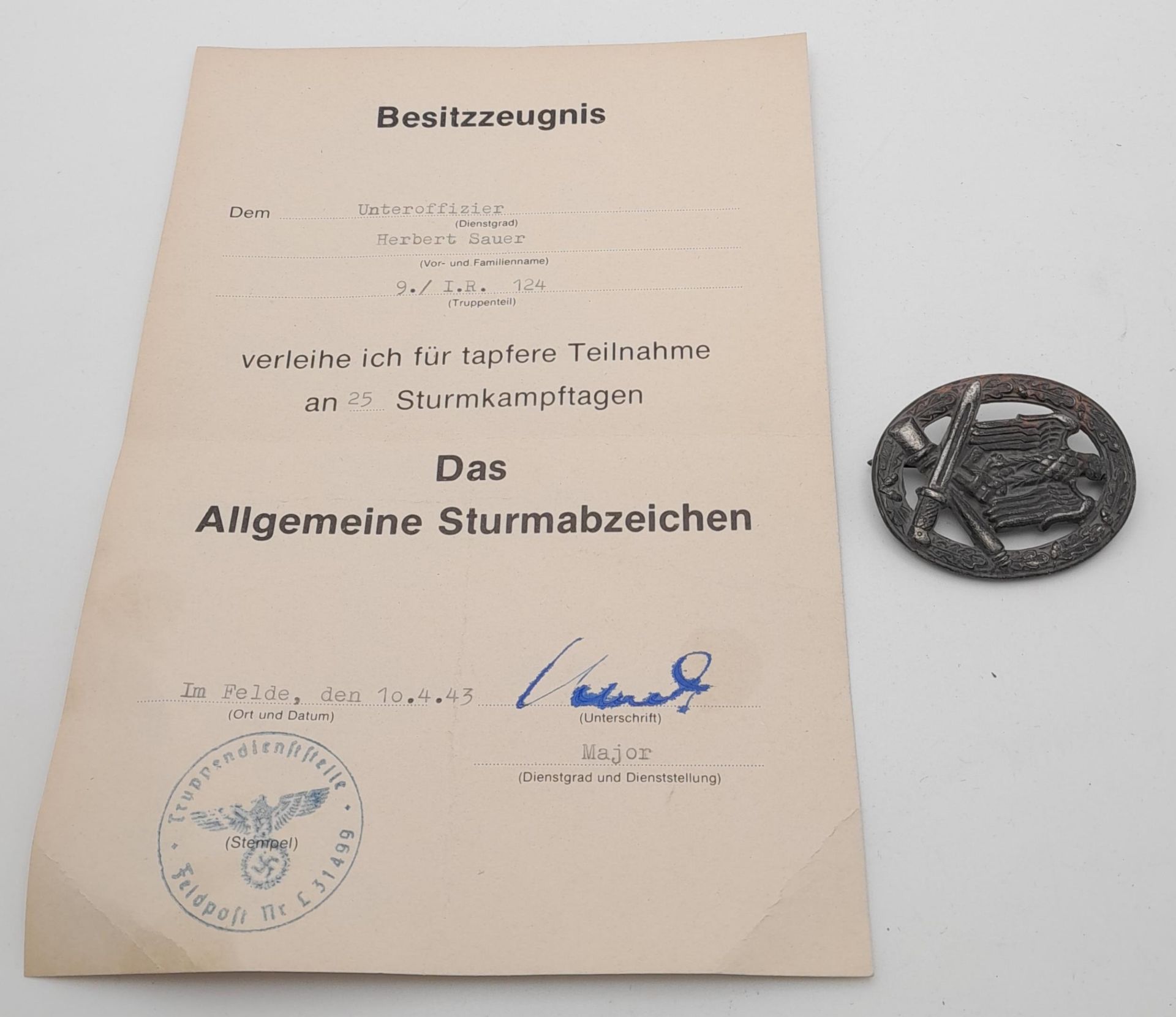 WW2 German General Assault Badge with Award Certificate. - Image 4 of 5