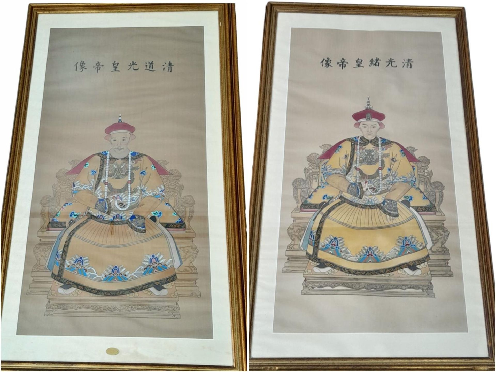 Two Hand Painted on Silk Chinese Emperors - In Frame. 65 x 115cm