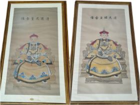 Two Hand Painted on Silk Chinese Emperors - In Frame. 65 x 115cm