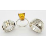 Three Different Style 925 Silver Rings. Sizes: K, P and Q.