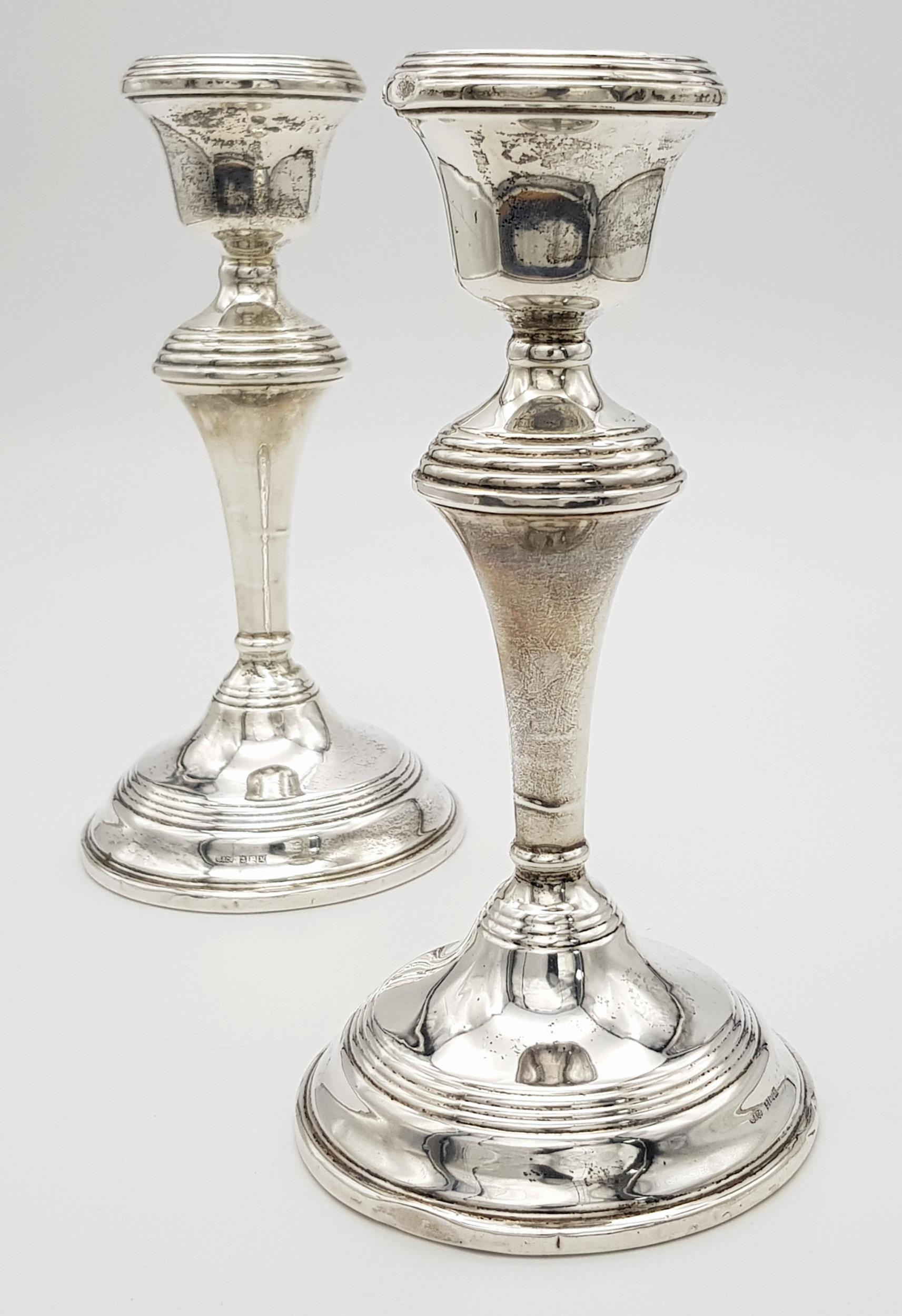 A Pair of Vintage Mid-Size Candlestick Holders. 18cm tall. Birmingham hallmarks for 1961. Weighted - Image 3 of 5