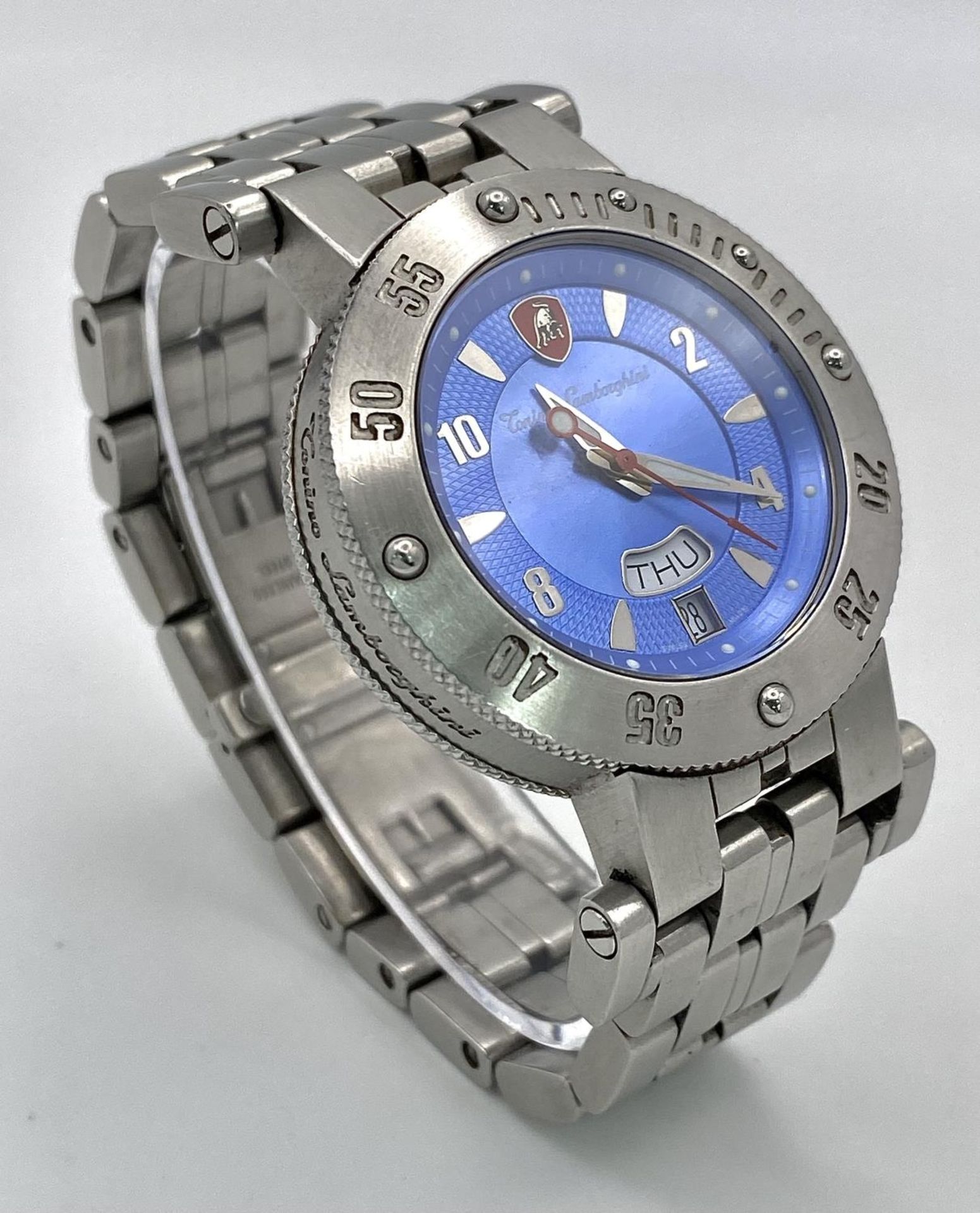 A Lamborghini Automatic Gents Watch. Stainless steel bracelet and case - 38mm. Blue dial with day/ - Bild 3 aus 7