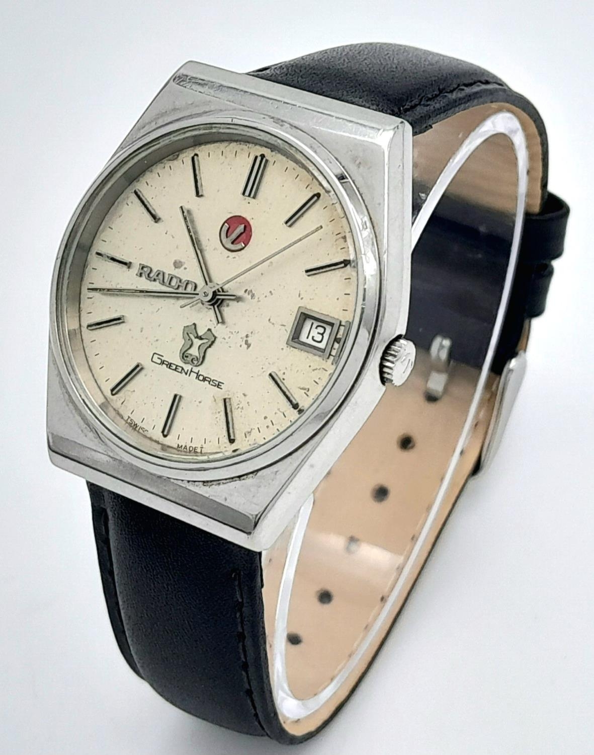 A Vintage Rado Green Horse Automatic Gents Watch. Black leather strap. Stainless steel case -