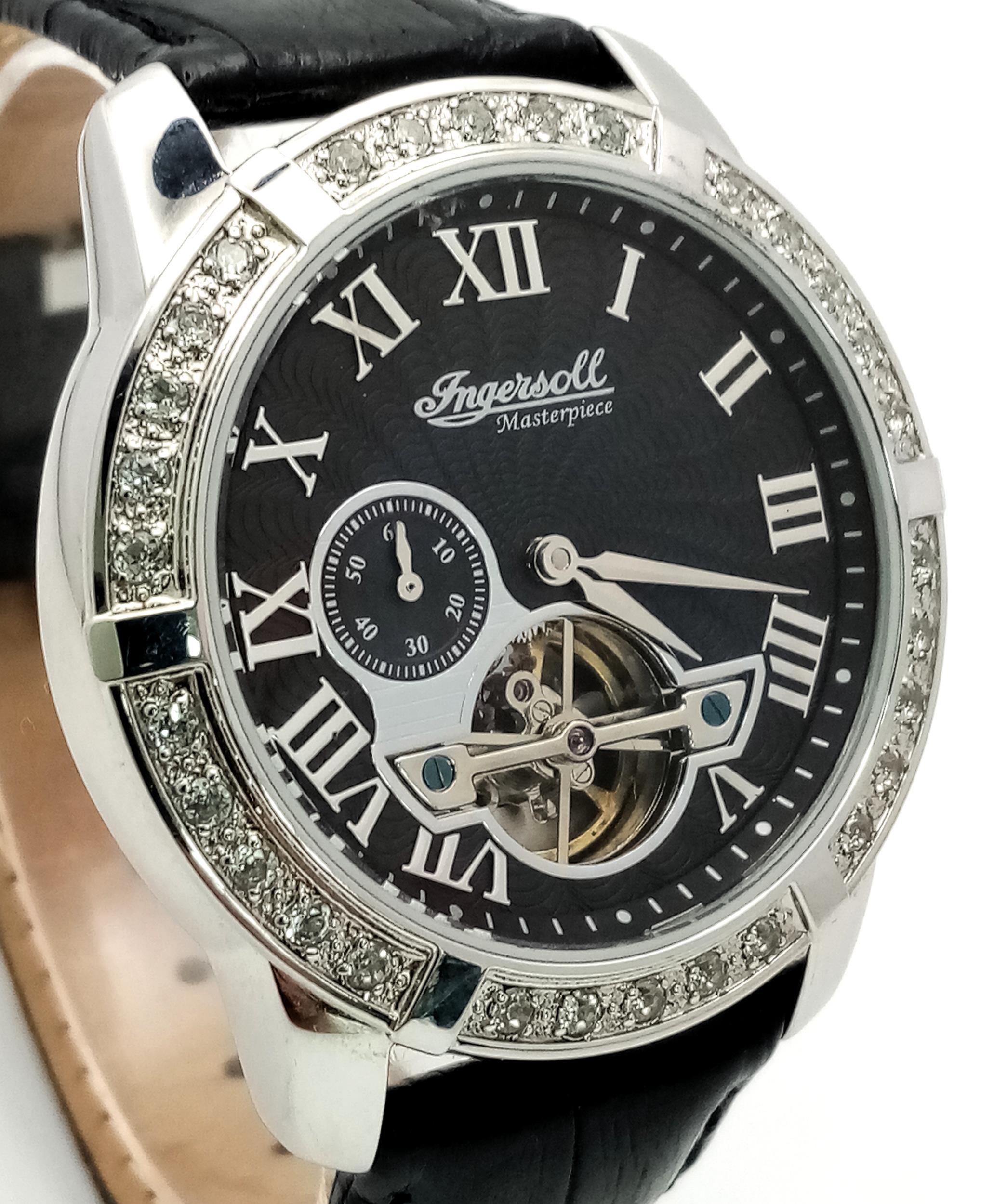 An Ingersoll Masterpiece Skeleton Gents Automatic Watch. Black leather strap. Stainless steel case - - Image 4 of 5