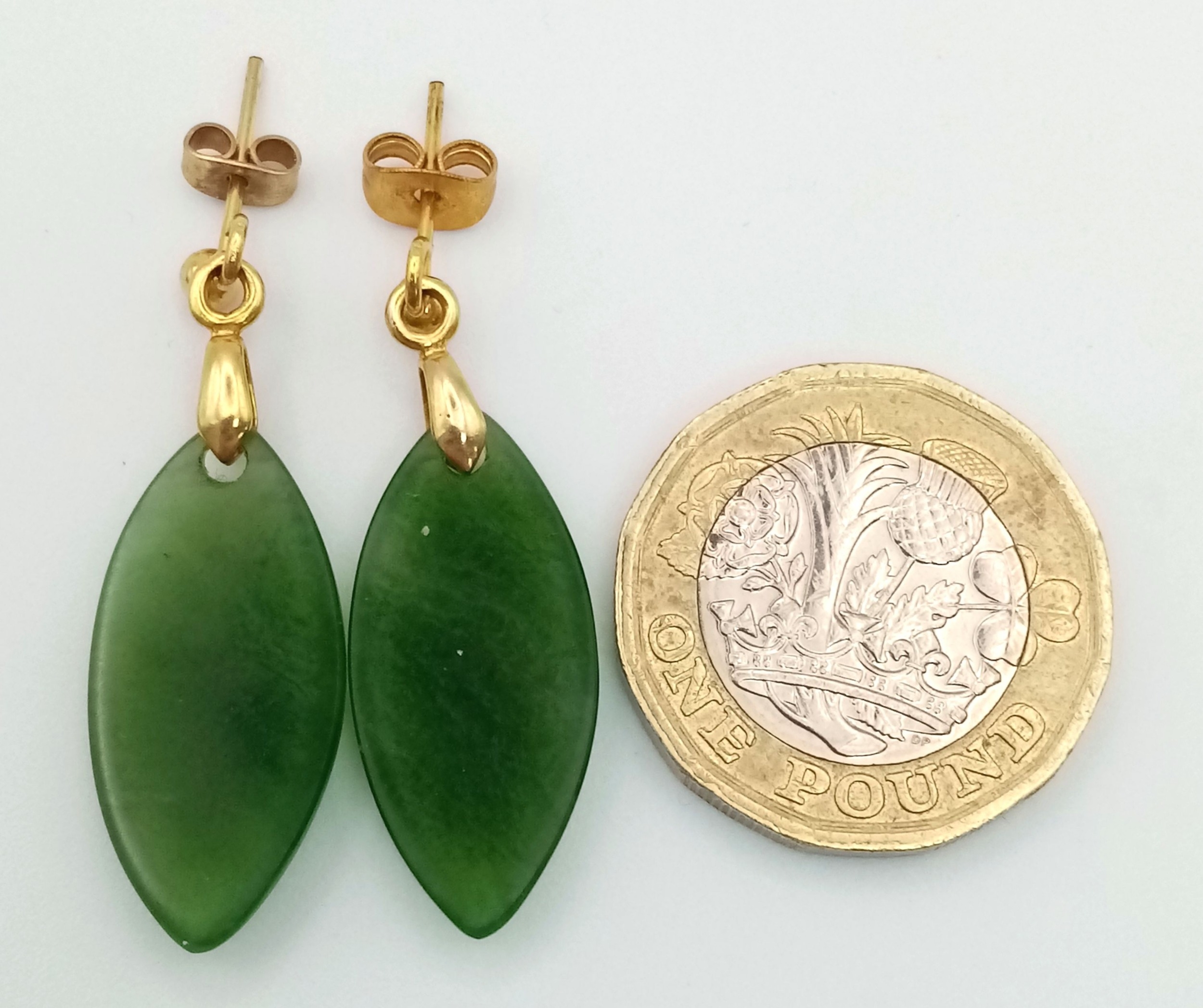 A Pair of 9K Yellow Gold Jade Leaf Shaped Earrings. 4.3g - Image 4 of 4