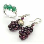 A Pair of 925 Silver Grape Earrings and a Three Green Stone Silver Ring. Size J.