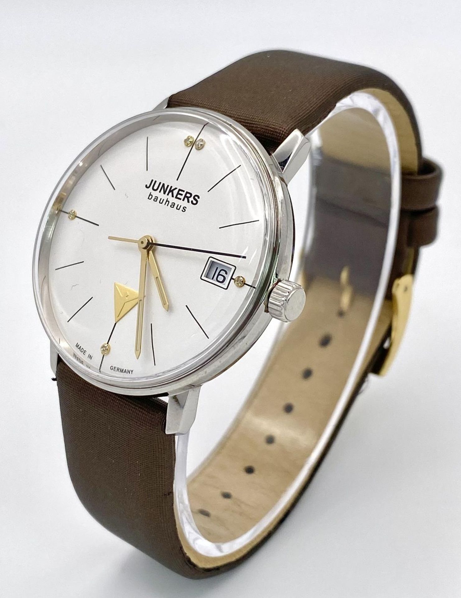 A Junkers Stylish Bauhaus Gents Quartz Watch. Brown leather strap. Stainless steel case - 35mm. - Image 2 of 8