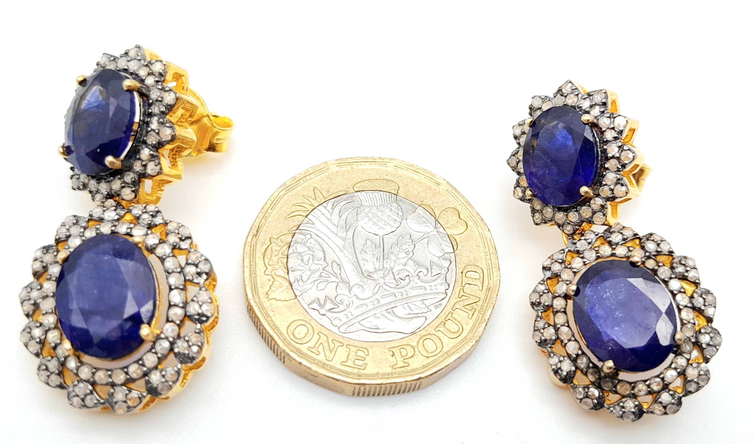 A Pair of Blue Sapphire Gemstone Drop Earrings with Diamond Surrounds. Set in gilded 925 Silver. - Image 3 of 5