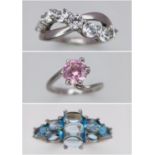 Three 925 Silver Different Style Stone Set Rings. Sizes: 2 X R, 1 x O.