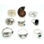 A Collection of Nine Different Style 925 Silver Rings. 40g total weight.