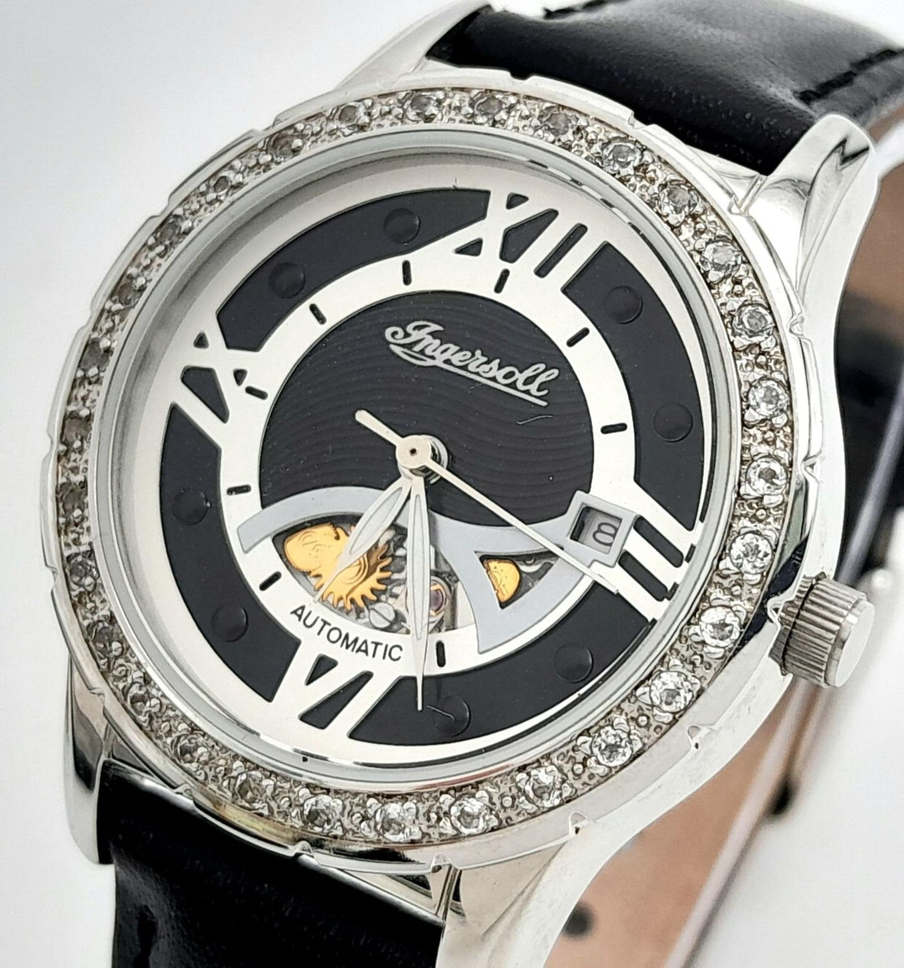 An Ingersoll Automatic Skeleton Ladies Watch. Black leather strap. Stainless steel case - 32mm. - Image 2 of 6