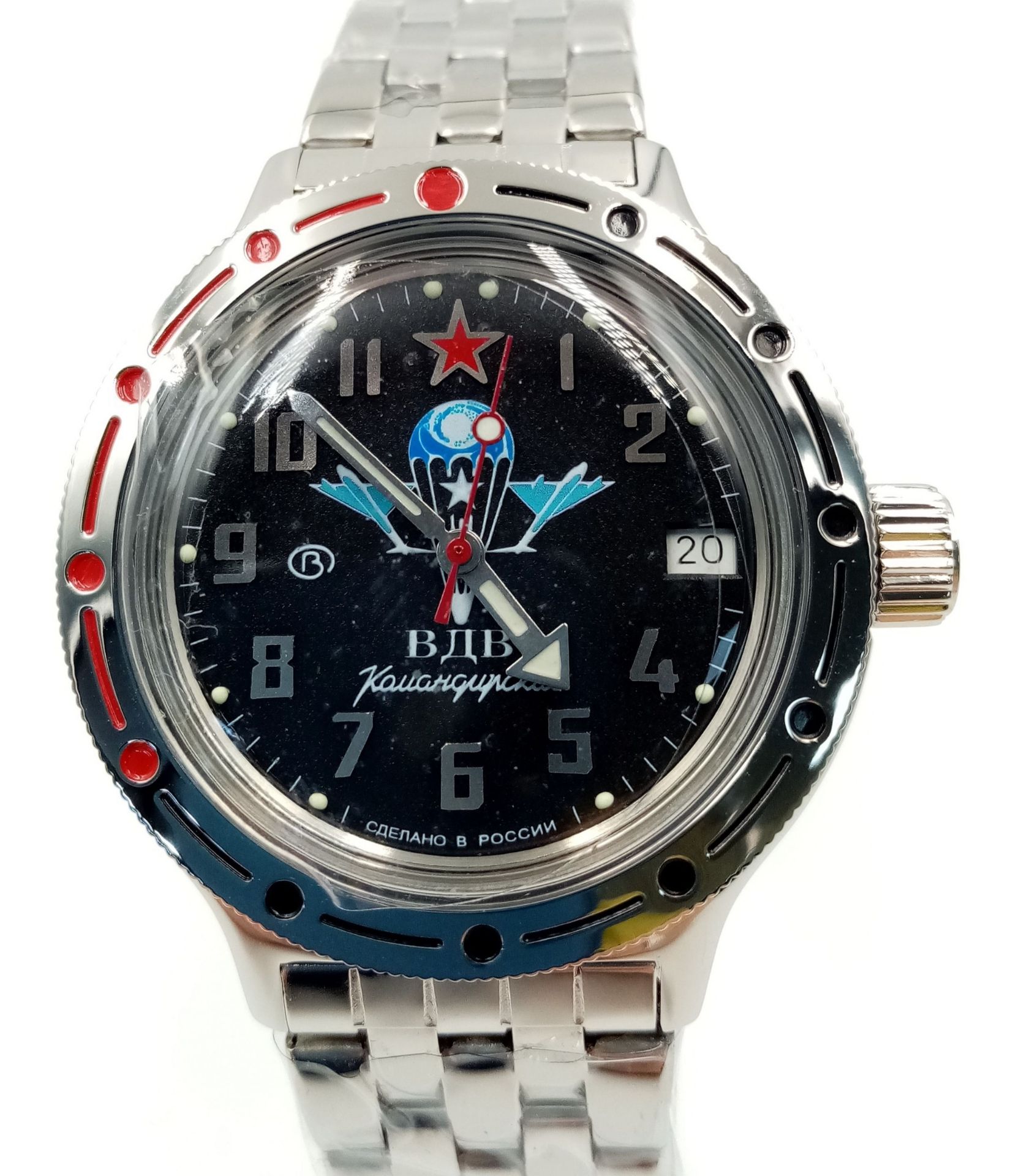 A Vostok Manual Gents Watch. Stainless steel bracelet and case - 40mm. Black dial with date