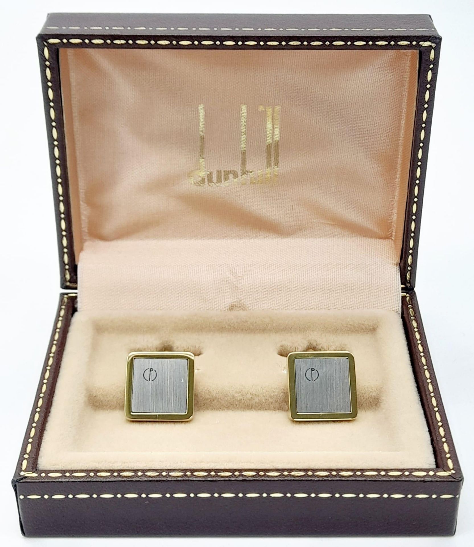 A Pair of Square Two-Tone Yellow Gold Gilt and Silver Panel Inset Cufflinks by Dunhill in their