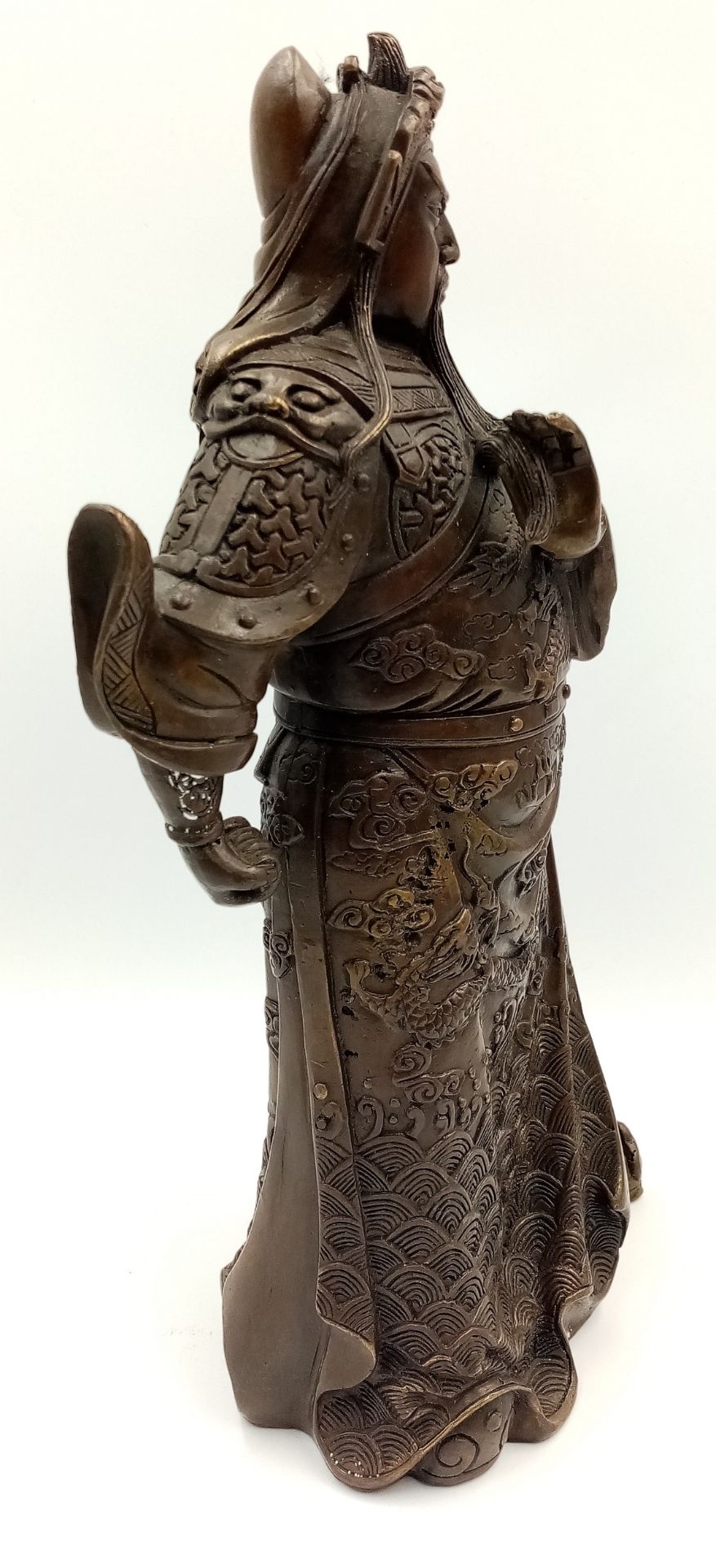 A Chinese Brass God of Wealth/Warrior Statue. 29cm tall. Markings on base. - Image 4 of 5