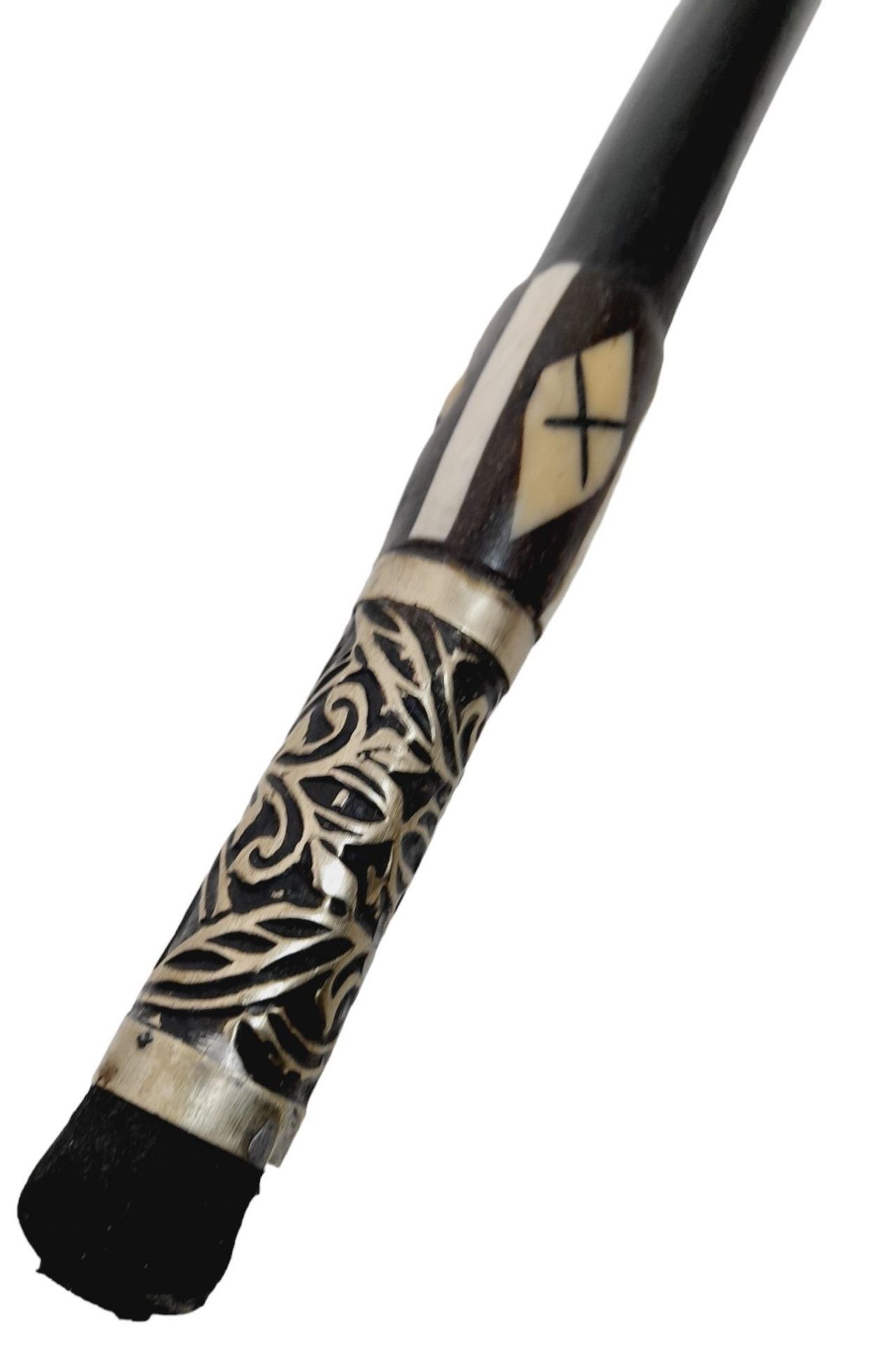 A Very Rare, Unique & Ornate Antique Bone Inlaid Wood and White Metal Sword Stick. 91cm Length. - Image 3 of 5