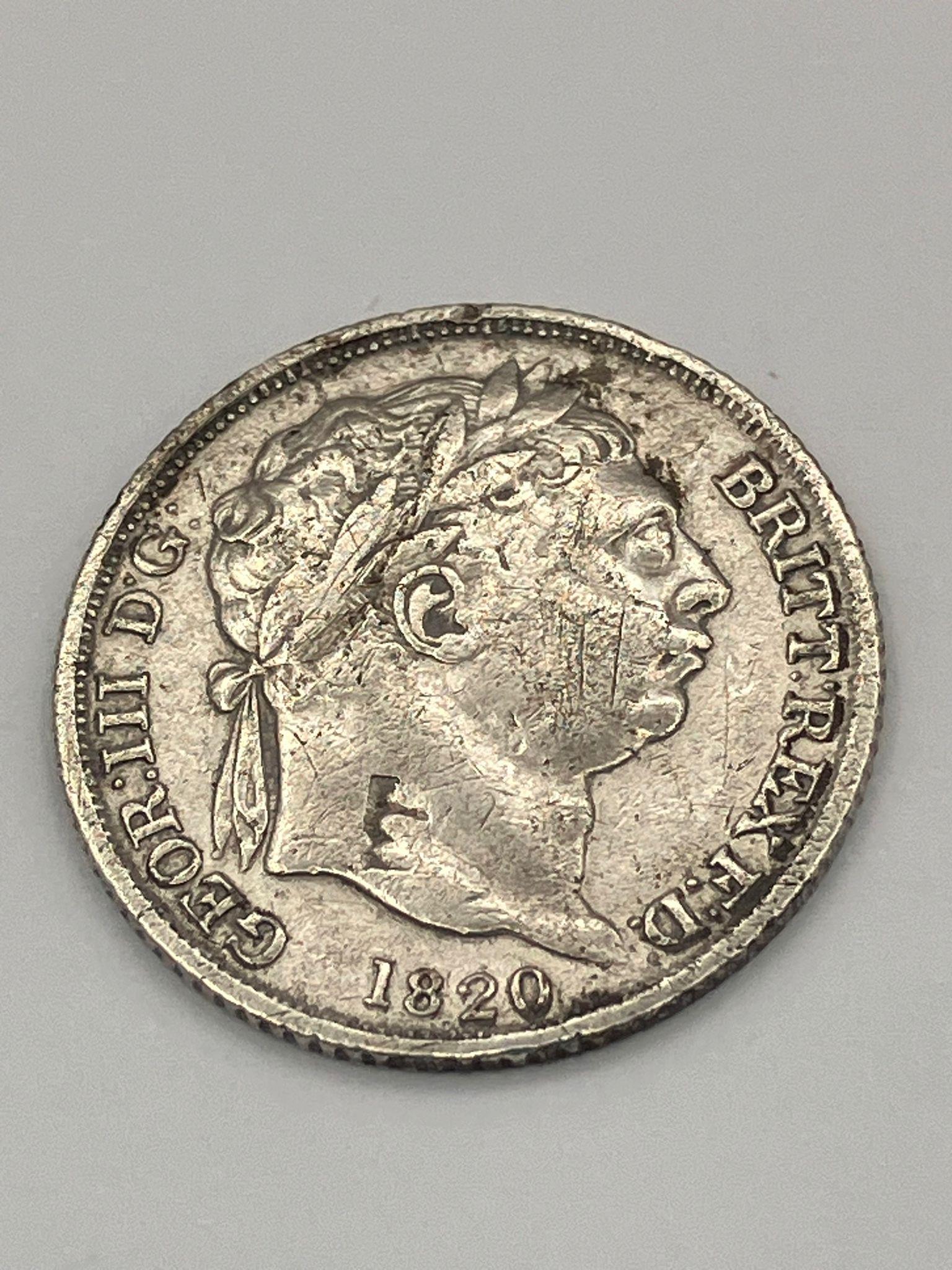 1820 GEORGE III SILVER SIXPENCE. Fine/very fine condition. Would benefit from a gentle clean.