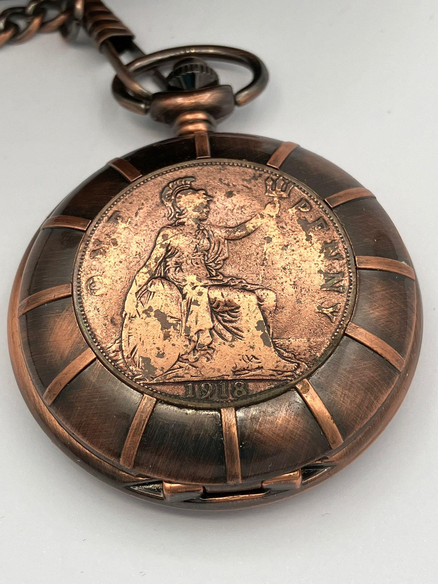 Collectors Penny Pocket Watch, having genuine 1918 PENNY COIN mounted to front of Watch Case. Dark