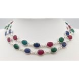 A Ruby, Emerald and Sapphire Long Chain Necklace. Set in 925 Silver. 56cm. Ref: CD-1317