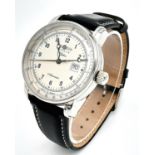 A Zeppelin Automatic Gents Watch. Black leather strap. Stainless steel case - 42mm. White dial