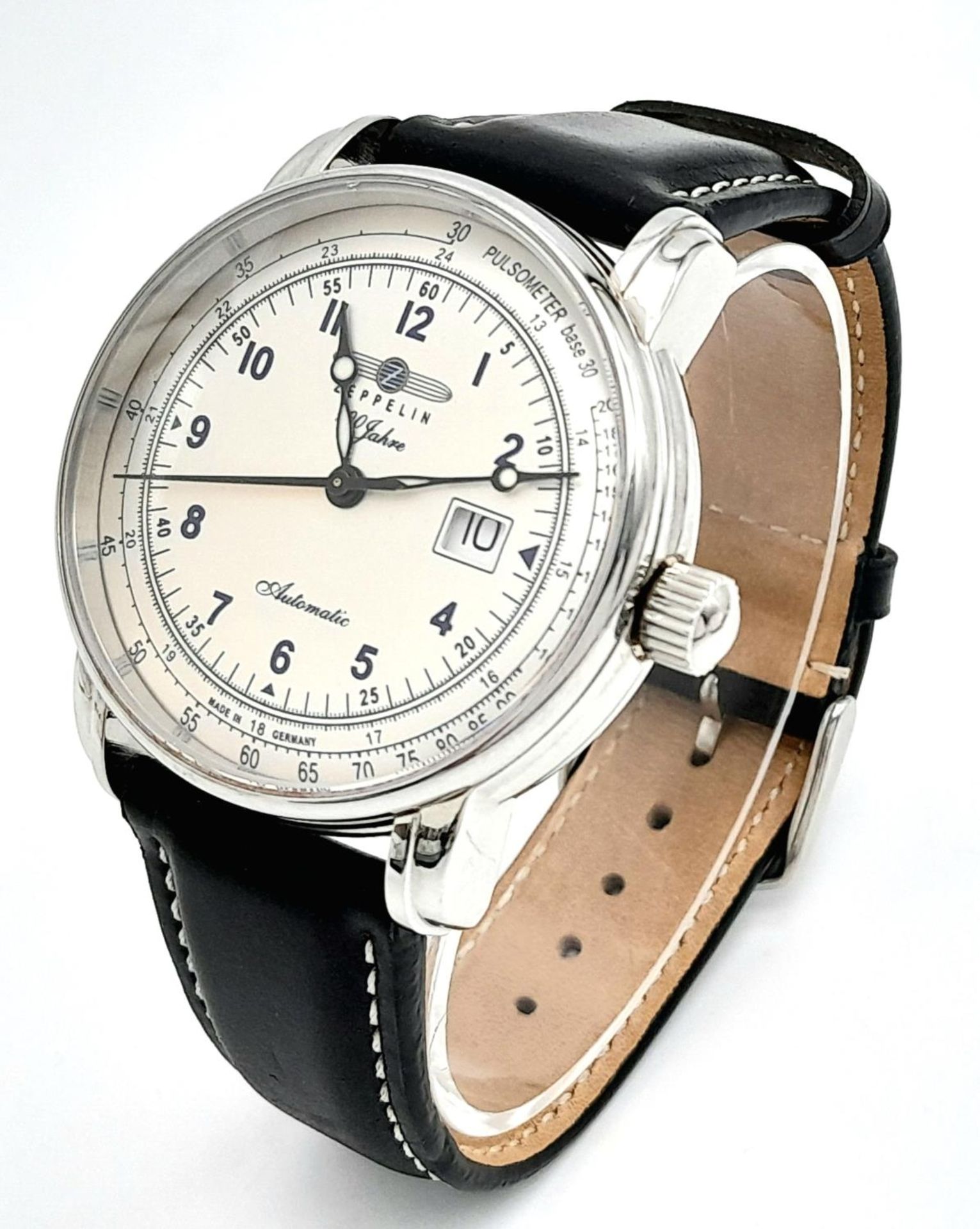 A Zeppelin Automatic Gents Watch. Black leather strap. Stainless steel case - 42mm. White dial