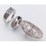 Three 925 Silver Different Style Stone Set Rings. Sizes: J, M and V.