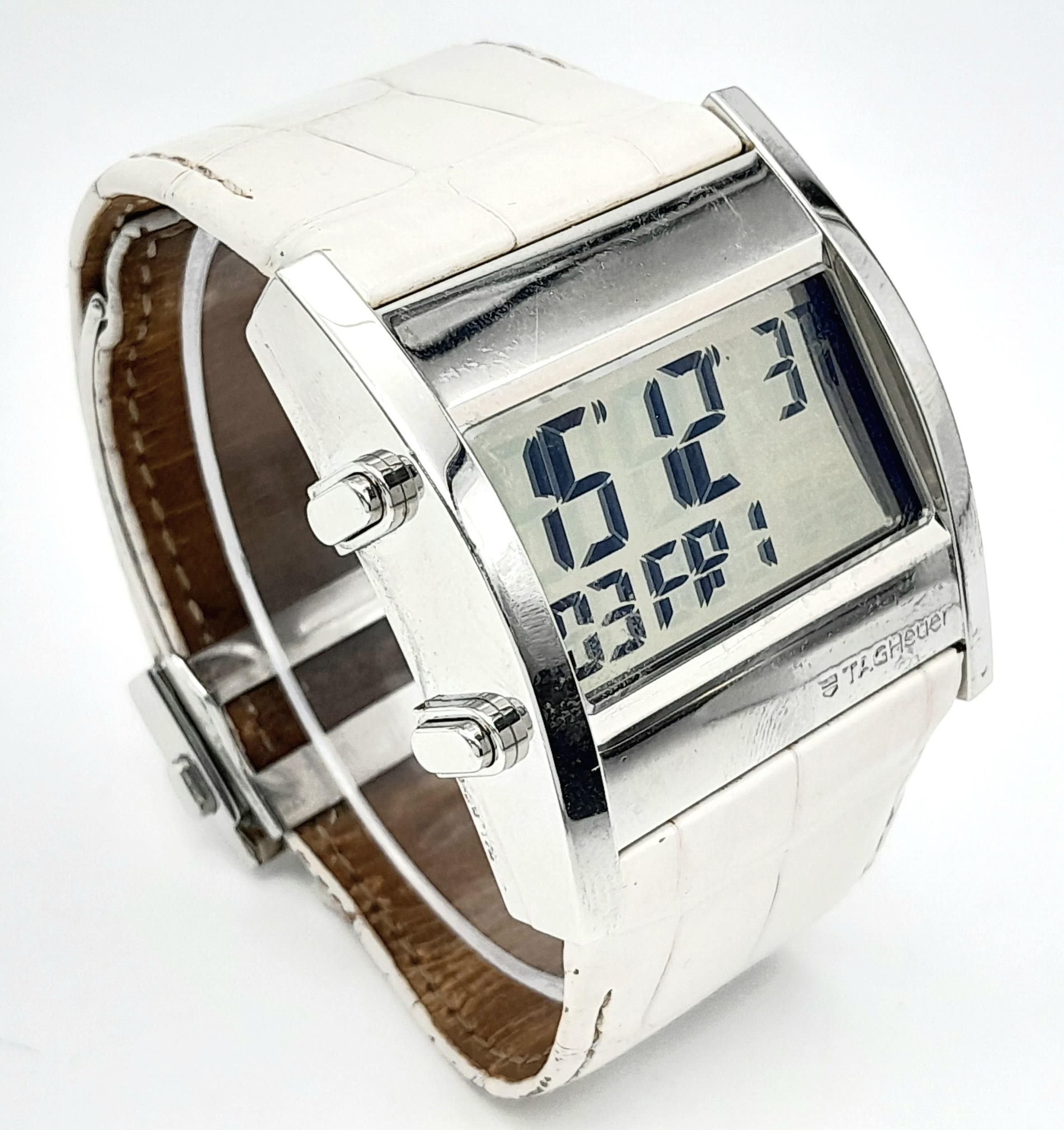 A Rare Tag Heuer Microtimer Digital Quartz Watch. White Alligator leather strap. Chrome coated - Image 3 of 9