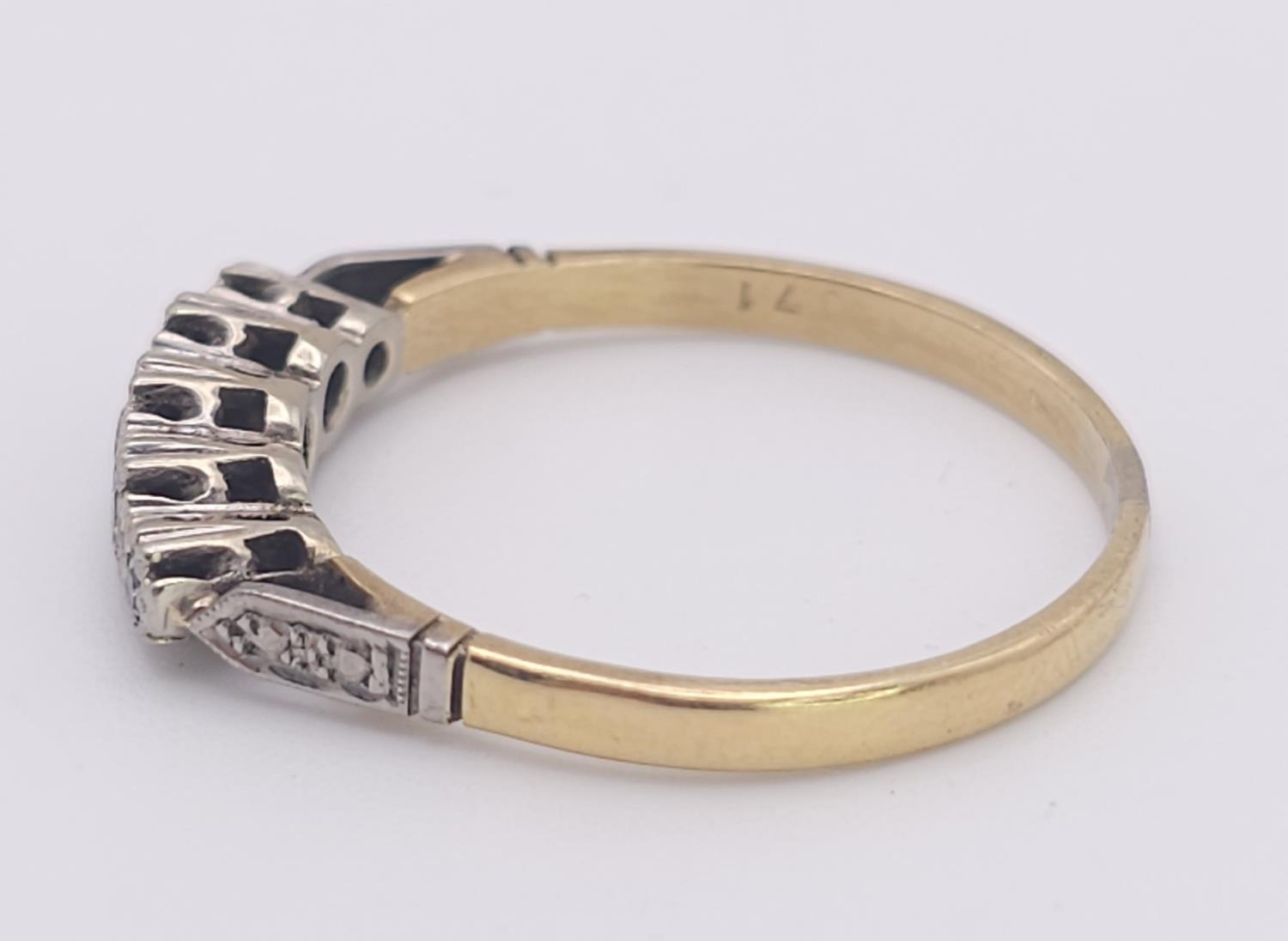 A Vintage 18K Gold and Platinum Five Diamond Ring. Size Q. 2.9g total weight. - Image 3 of 7