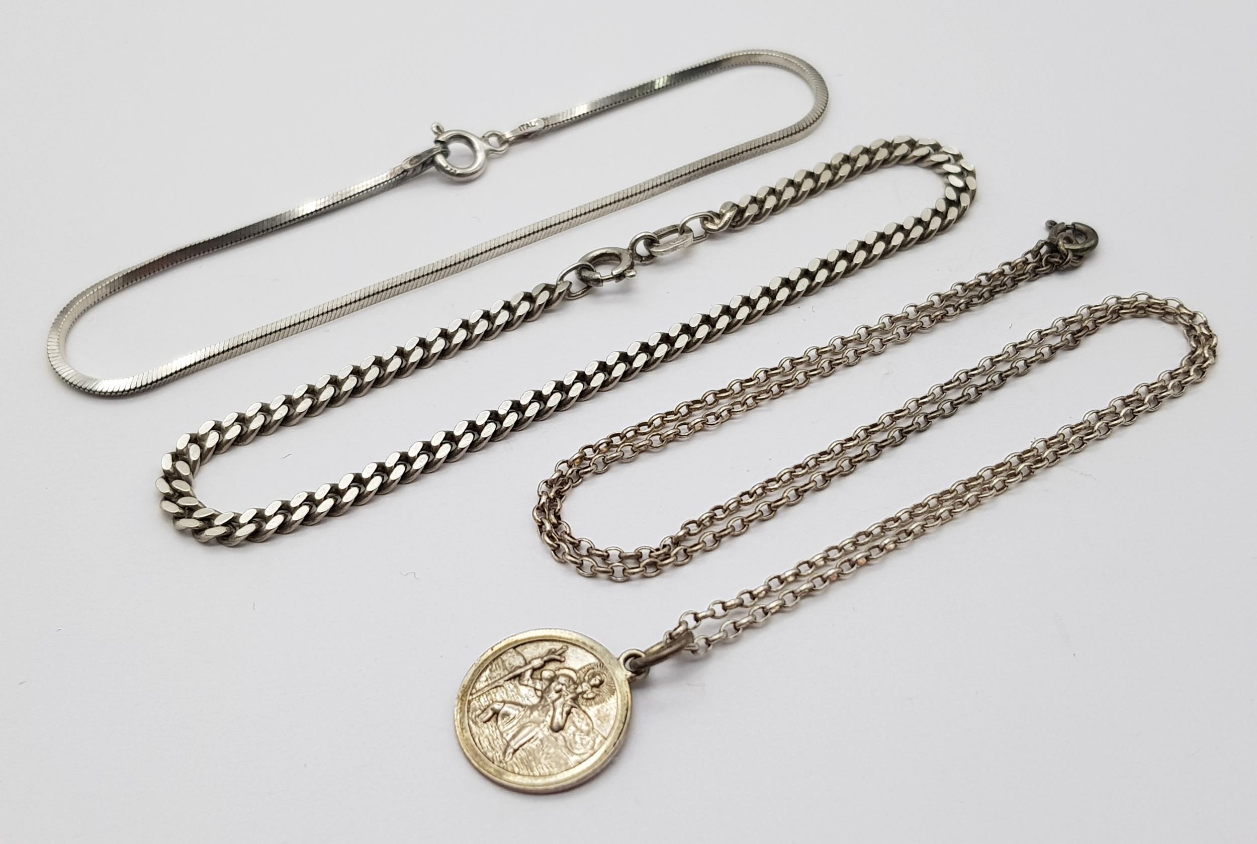 Two Sterling Silver Bracelets and Necklace with a St. Christopher Pendant. 12g