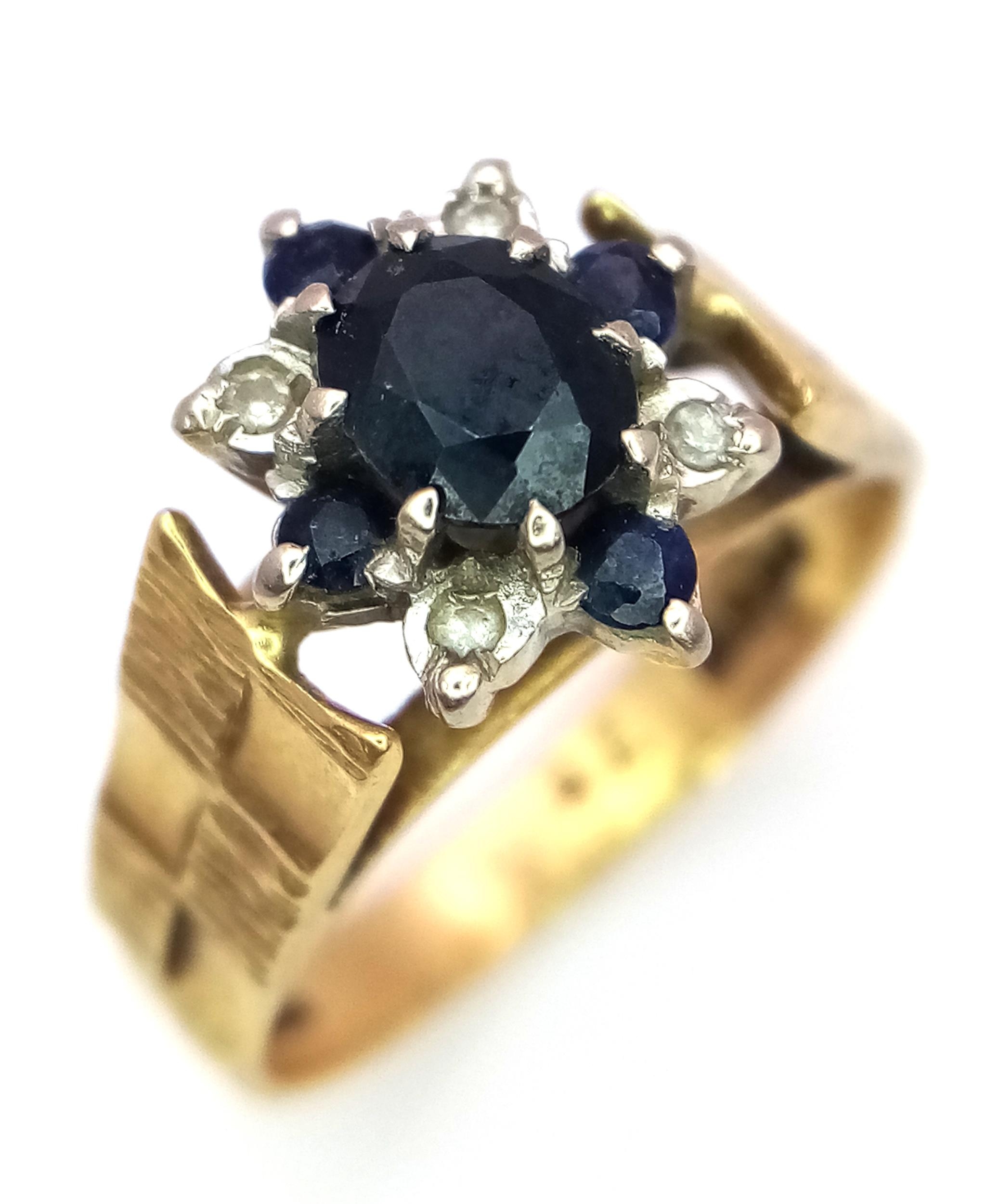 A Vintage 9K Yellow Gold Sapphire and Diamond Signet Ring. Size J 1/2. 4.4g total weight.