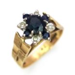 A Vintage 9K Yellow Gold Sapphire and Diamond Signet Ring. Size J 1/2. 4.4g total weight.