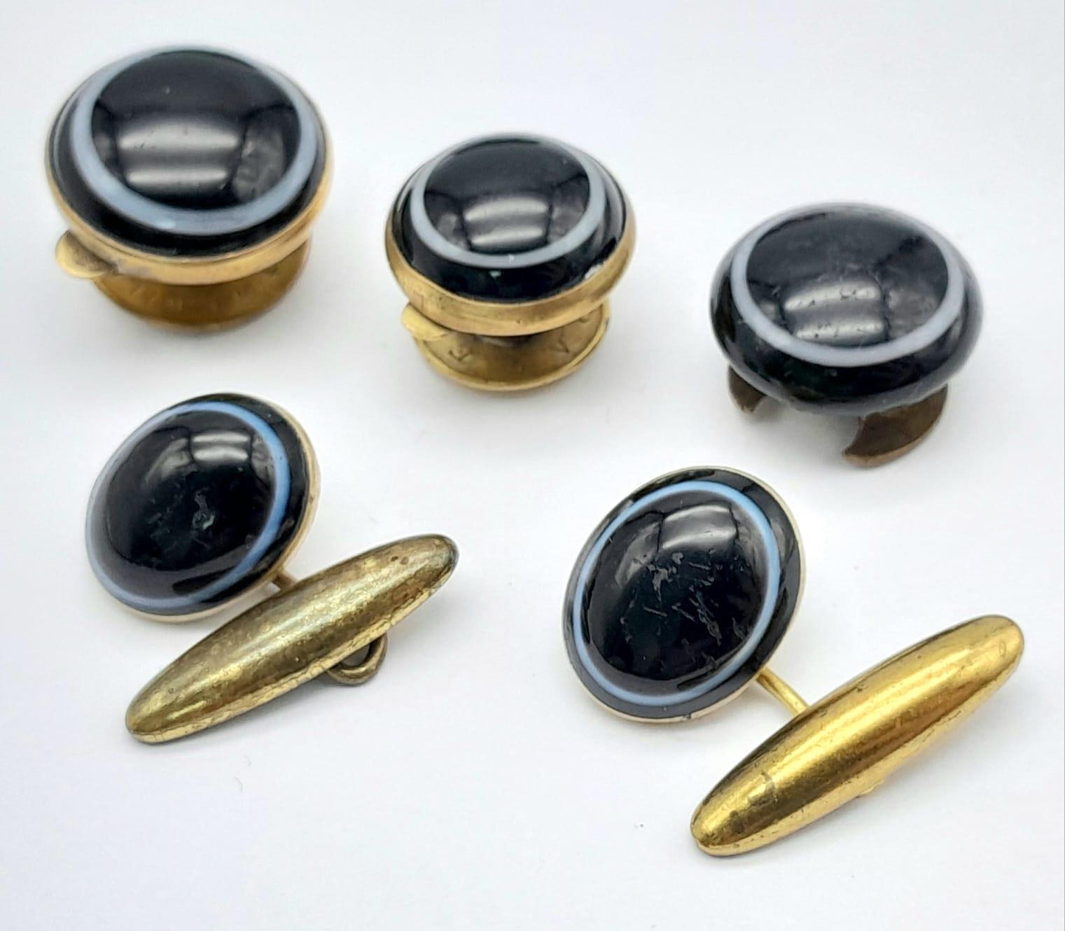 A highly collectable, Victorian set of a pair of black banded agate cufflinks and three matching “ - Image 2 of 6