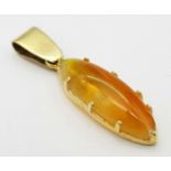 A 3ct Marquise Cut Fire Opal Pendant. 2.8cm length, 1.24g total weight.
