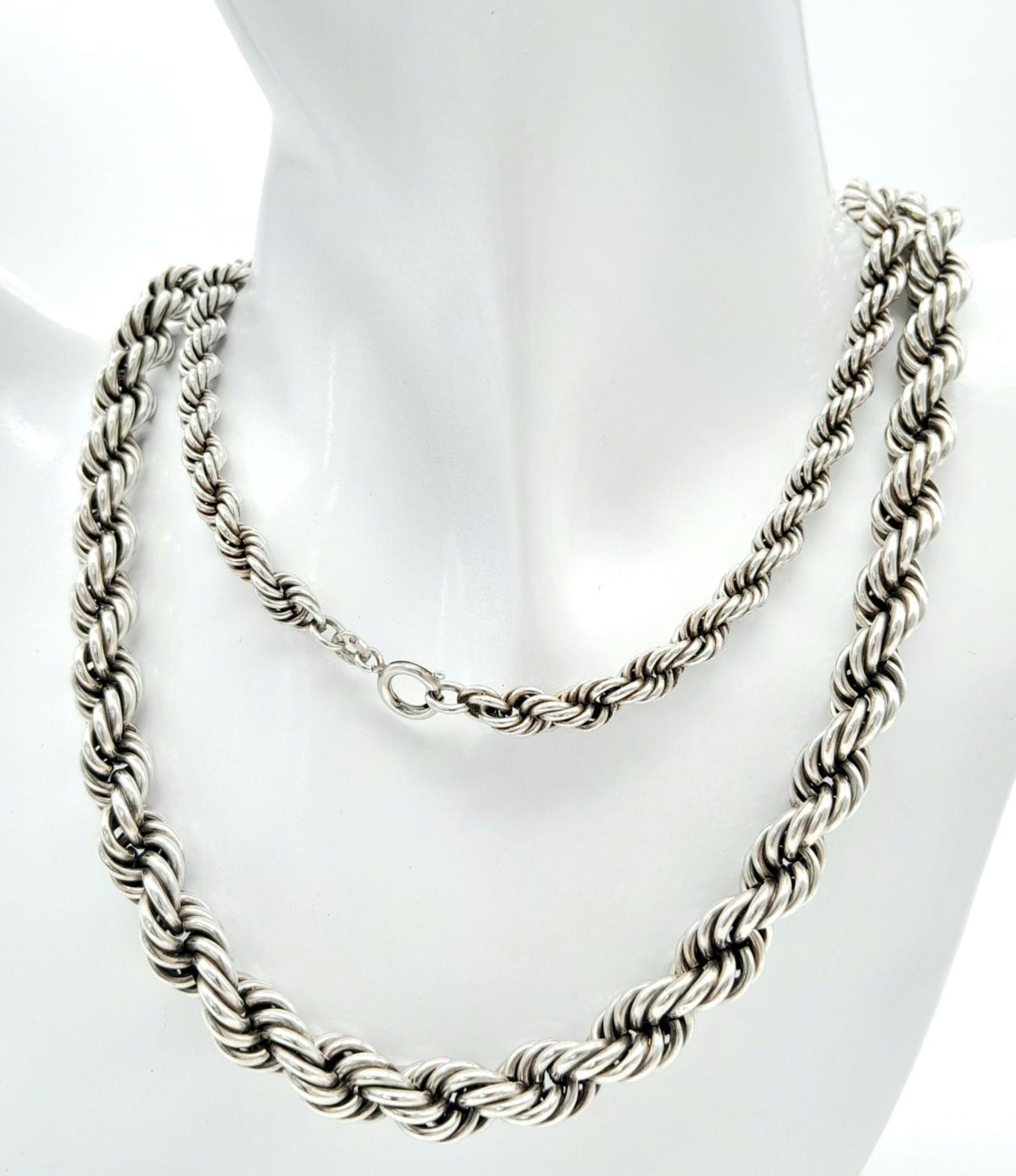 A 925 Silver Graduated Rope Chain Necklace. 89cm length, 80.48g weight. - Image 2 of 6