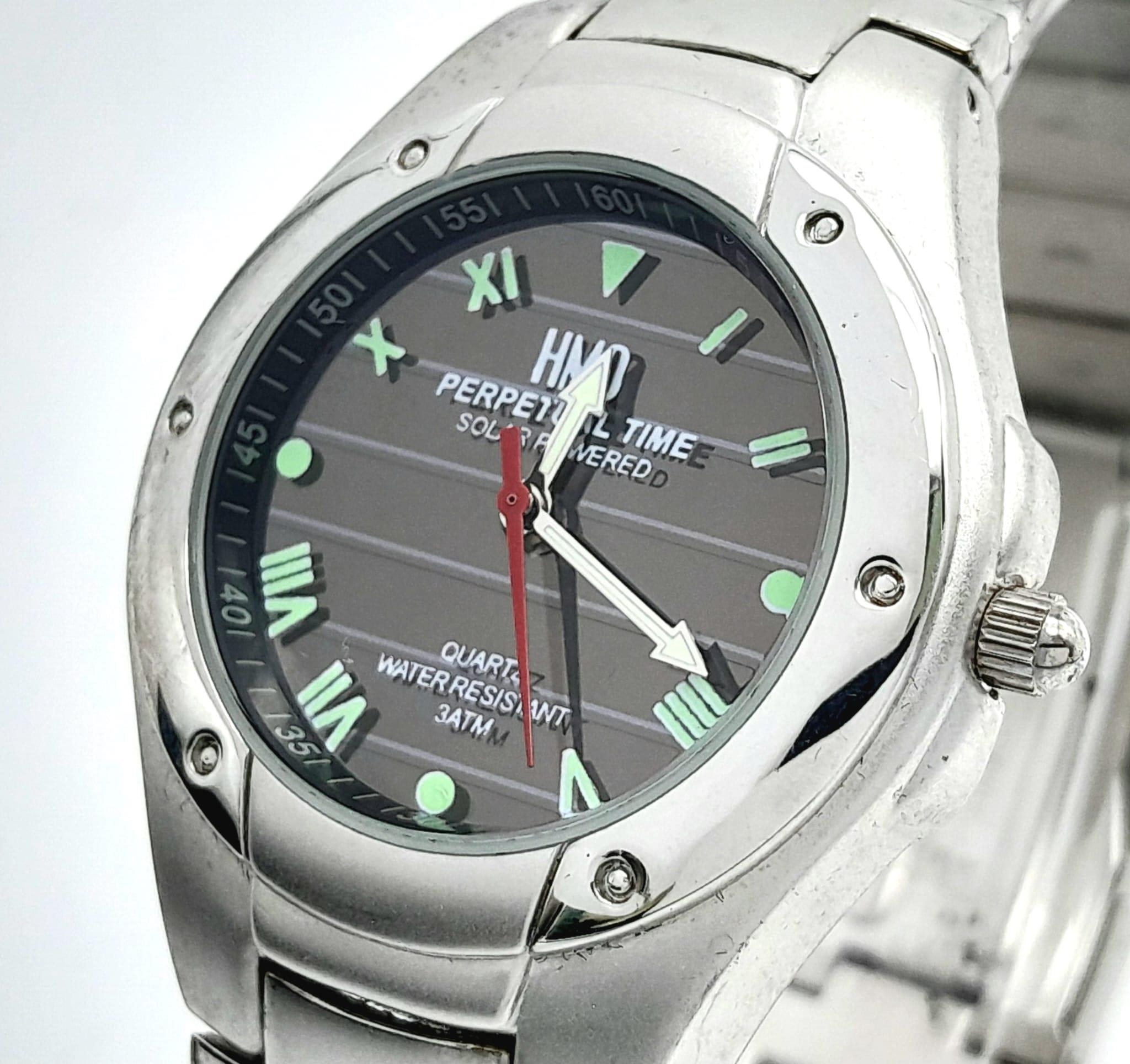 A Solar Powered Quartz Watch by HMO. Perpetual Time Model. 42mm Including Crown. Full Working Order. - Image 2 of 8