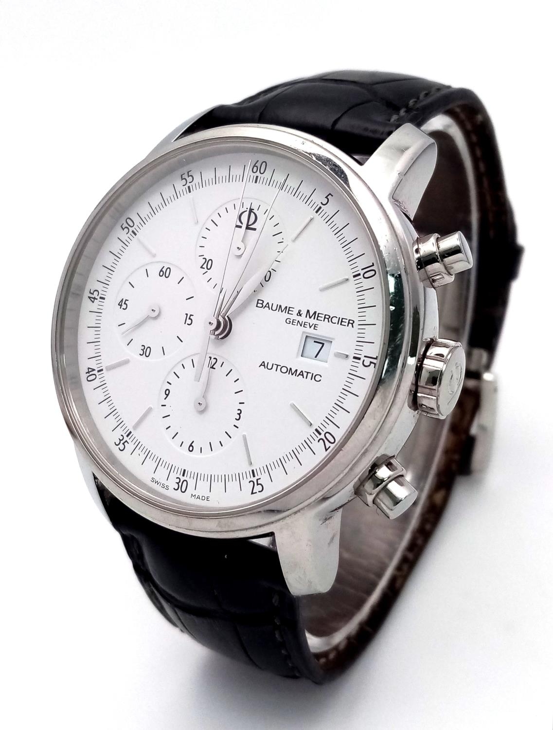 A Baume and Mercier Automatic Gents Watch. Black leather strap. Stainless steel case - 42mm. White - Image 2 of 9