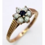 A Vintage 9K Yellow Gold Sapphire and White Zircon Ring. Size L. 1.2g total weight.