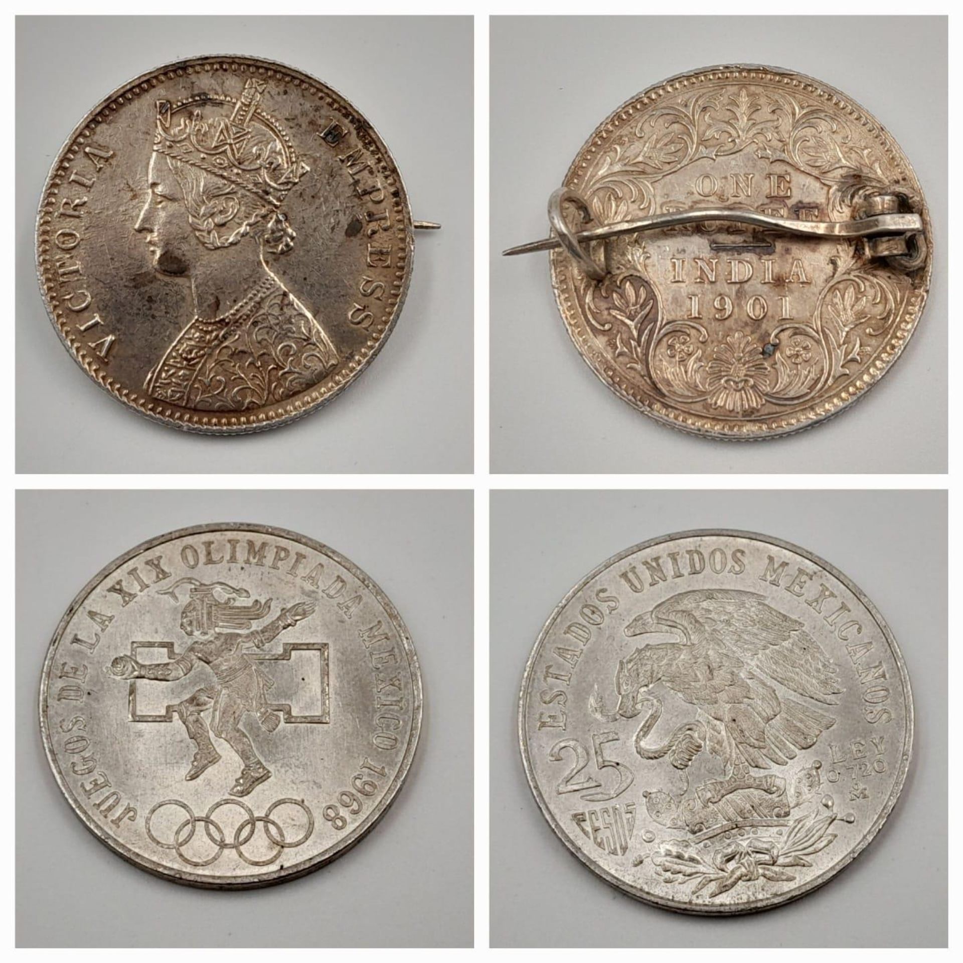 A 1968 Mexican Summer Olympics Silver 25 Pesos Coin and a 1901 Silver One Rupee Indian Brooch.