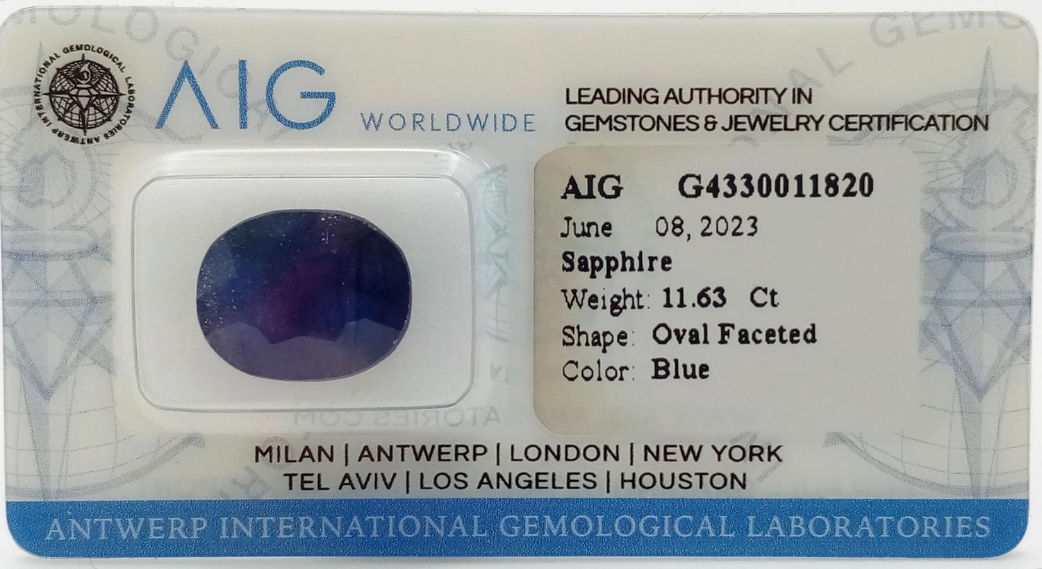 A Natural 11.63ct Blue Sapphire - AIG Milan Certified and Sealed. - Image 3 of 4