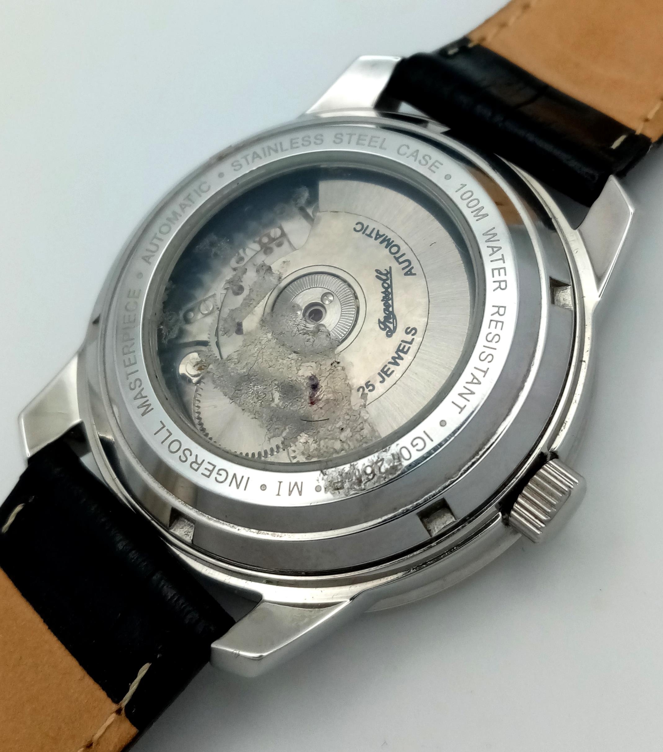 An Ingersoll Masterpiece Skeleton Gents Automatic Watch. Black leather strap. Stainless steel case - - Bild 3 aus 5