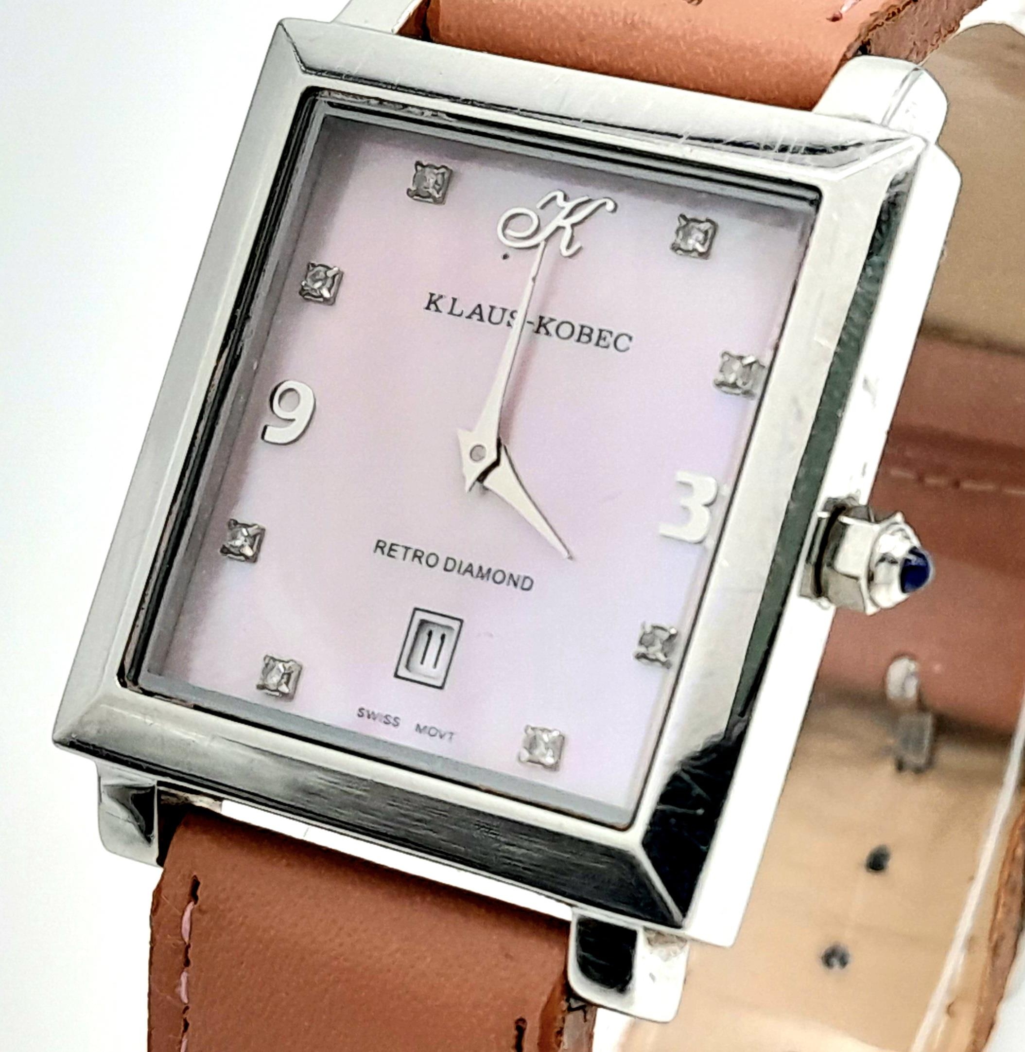 A Retro Diamond Klaus Kobec Pink Mother of Pearl Unisex Quartz Watch. Pink leather strap. Stainless - Image 2 of 6