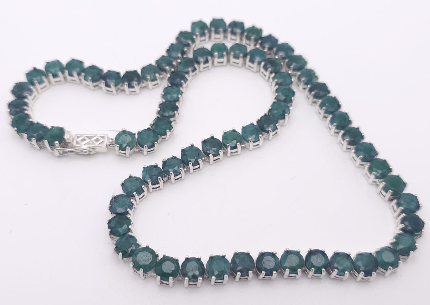 An Emerald Round Cut Tennis Necklace. Set in 925 Silver. 44cm length. 50g total weight. Ref: CD-1312 - Image 2 of 6