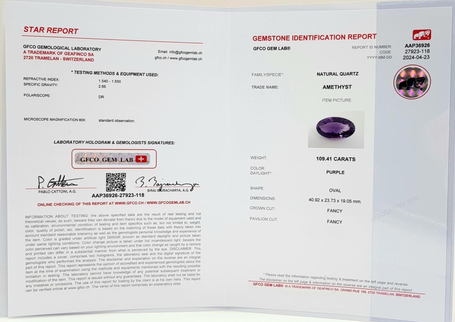 A 109.41ct Gorgeous Faceted Bolivian Amethyst - GFCO Swiss Certified. - Bild 5 aus 6