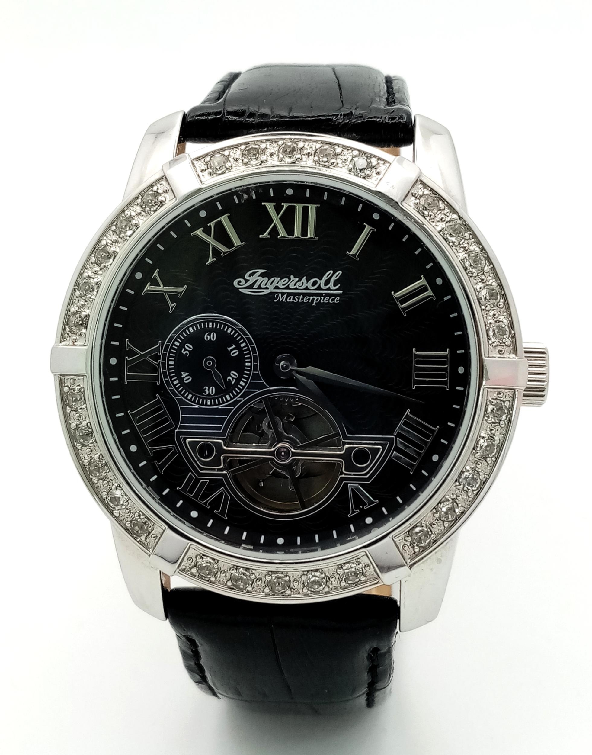An Ingersoll Masterpiece Skeleton Gents Automatic Watch. Black leather strap. Stainless steel case - - Image 2 of 5