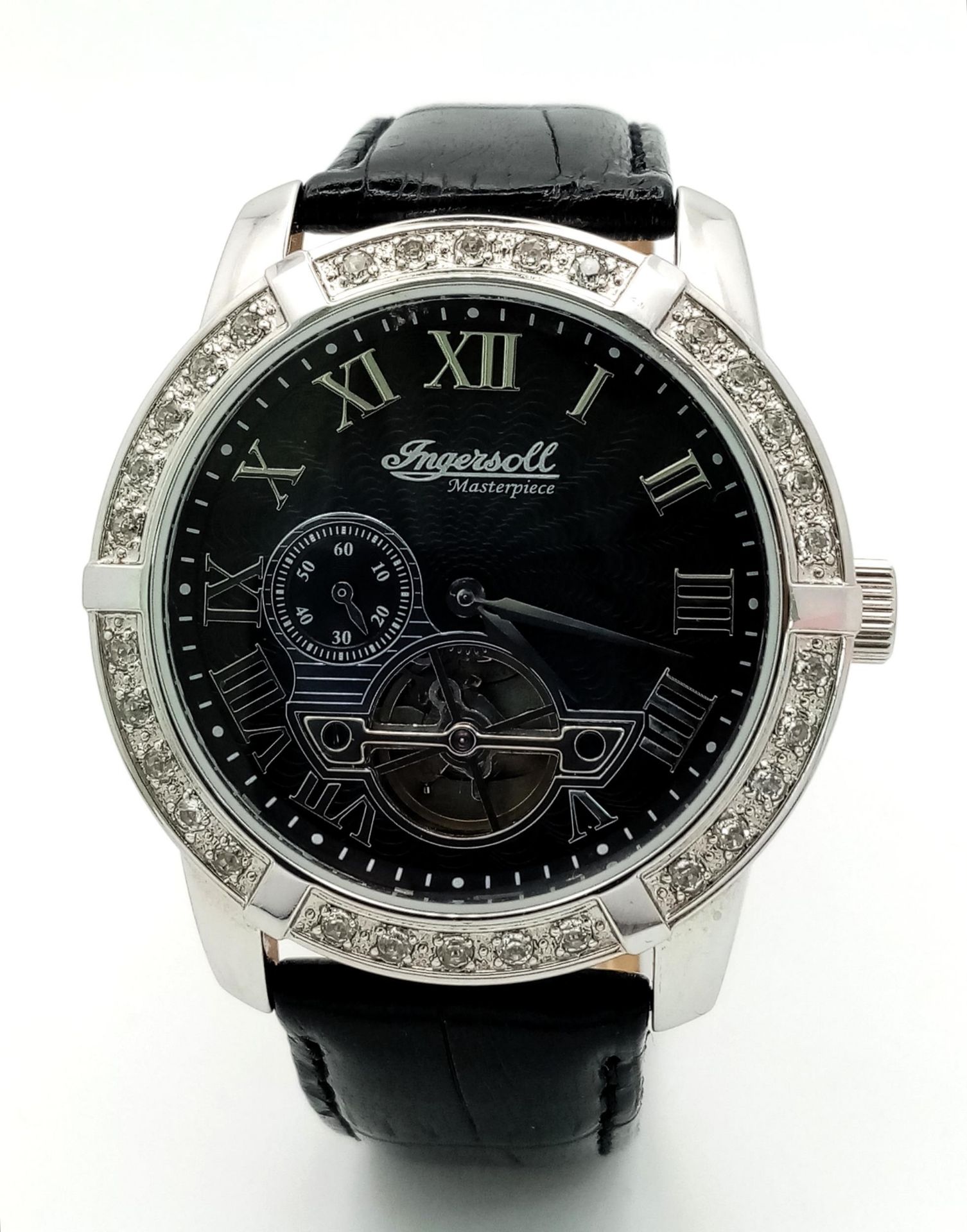 An Ingersoll Masterpiece Skeleton Gents Automatic Watch. Black leather strap. Stainless steel case - - Image 2 of 5