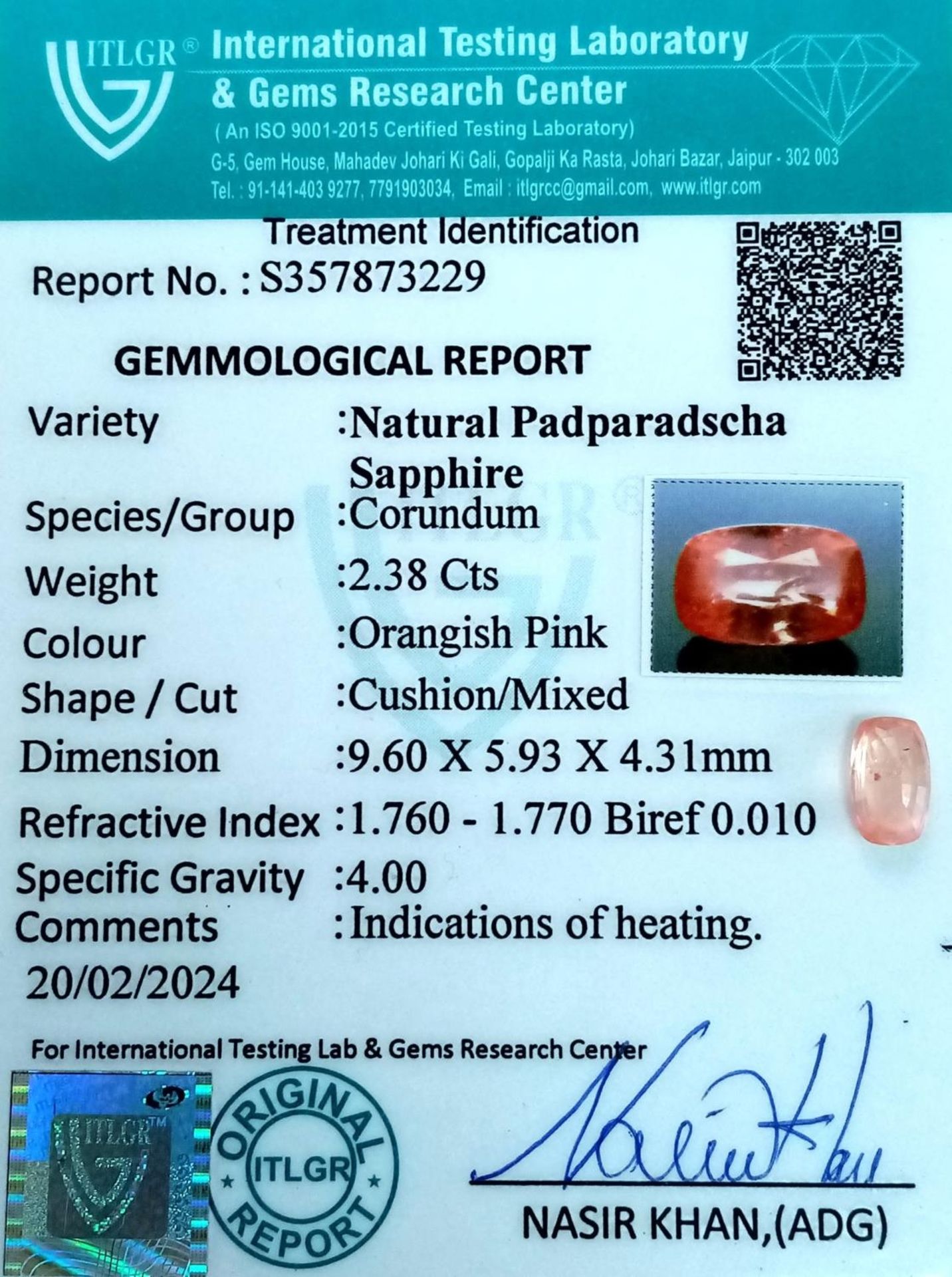 A 2.38ct Rare Padparadscha Pink Sapphire - ITLGR Certified. - Bild 4 aus 4