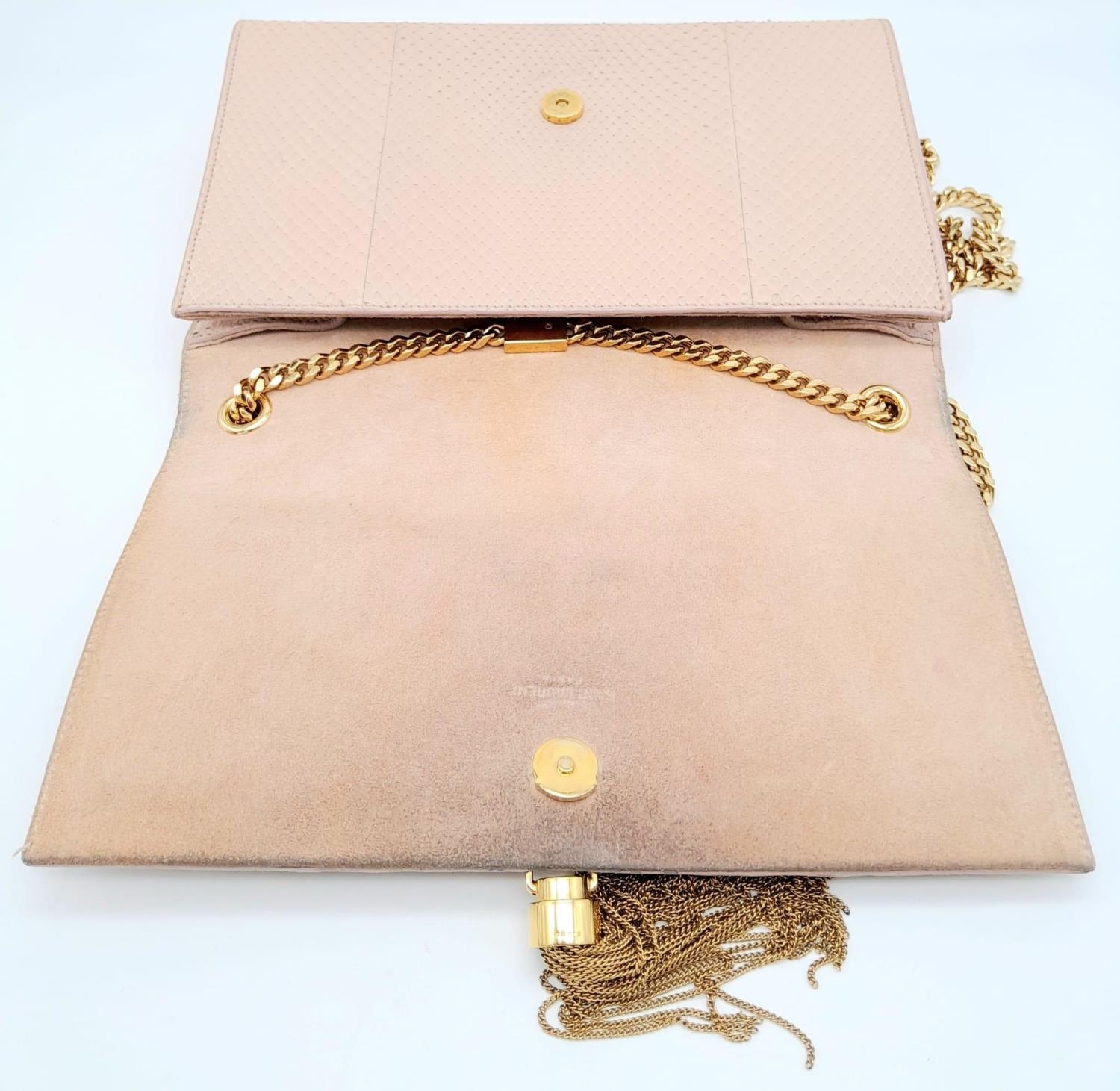 A Pink Saint Laurent Classic Monogram Python Medium Kate Tassel Bag. Gold Hardware. 9.5 inch W x 6 - Image 5 of 9